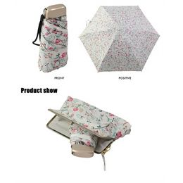 Women Ultralight Mini Flat Handle Five Fold Umbrella Floral Sunny and Rainy Umbrella Rain & Storage Handbag