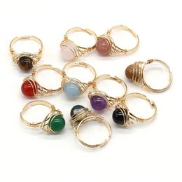 Elegant Handmade Gold Colour Wire Wrap Ball Stone Finger Rings Reiki Heal Amethysts Agates Ring Women Party Wedding Jewellery 240322