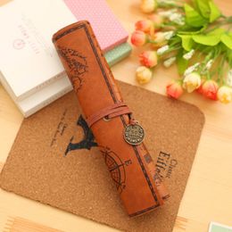 Treasure Map Leather PU Retro Pencil bag Cosmetic Bag Roll Pen Bag For Student Gifts Stationery Brush Makeup Supplies