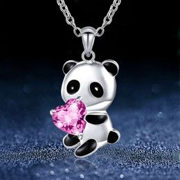 Adorable Pink Heart-shaped Cubic Zirconia Panda Necklace for Children - Chinese Style Pendant Necklace