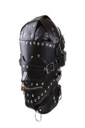 PU Leather BDSM Bondage Mask Full Head Harness Fetish with Blindfold and Zipper Locking Sex Slave Head Hood Sex Toys For Couples Y1844533