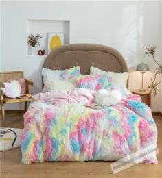 Fluffy Velvet 27 Colours Bedding Set Mink Fleece Duvet Cover Flat Fitted Sheet Pillowcases Queen King size 467pcs Customizable LJ1826485