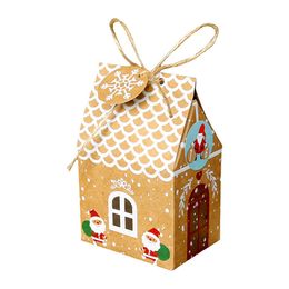 24Pcs Christmas House Shape Candy Box Kraft Paper Gift Bags Packaging Boxes With Ropes Xmas Tree Pendants DIY Cookie Bags Box