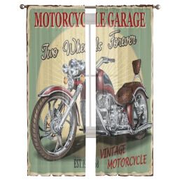 Vintage Garage Motorcycle Poster Sheer Curtains for Living Room Transparent Tulle Window Curtain Bedroom Kitchen Veil Drapes