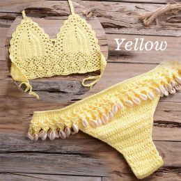 Women Large Size Swimwear Knitted Halter Bikini Top Bra Sexy Beach Swimsuit Hollow Bathing Suit Bikini Set Push Up Swim Thongs