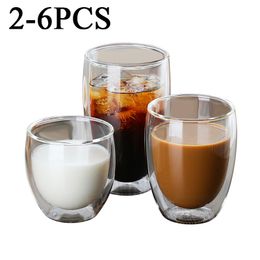 2-6Pcs Double-layer Insulated Cup Antiscalding Anti-cold Coffee Milk Beverage Mug Glass Bamboo Lid Transparent Drinkware Gift