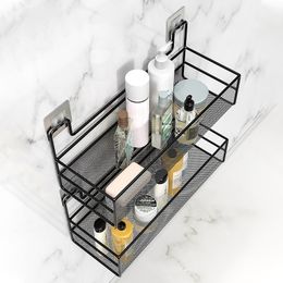 Black Wall-mounted Bathroom Shelf Shower Shampoo Rack Toilet Accessories Kitchen Free Punch Condiment Storage Basket