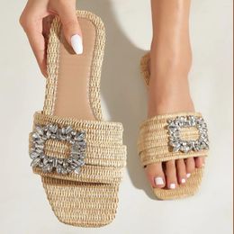 Slippers Aneikeh Summer Casual Fashion Square Headed Cane Knitted Flat Heels For Women Bottom Crystal Sandals Beach Slides