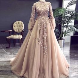 Urban Sexy Dresses Champagne Muslim Evening Dresses Arab Dubai Long Sleeve Decal Beads Ladies Elegant Formal Party A-Line Tulle Prom Gowns Robe De 240410