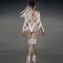 3D Print Fake Rhinestone White Tassel Long Sleeves Jumpsuit Women Dancer Leggings Romper Singer Stage Performance Show Outfit