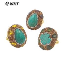 WT-R498 Vintage Style Rhinestone And ite Turquoise Stone Setting Handmade Adjustable Sizee Gold Plated Ring 240403