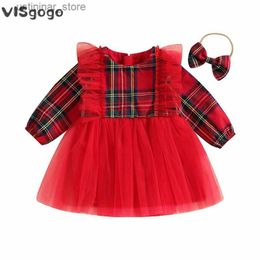 Girl's Dresses VISgogo Toddler Girls Dress Christmas Outfits Plaid Print Long Sleeve Tulle Princess Dress and Headband Xas Party Cute Clothes L47