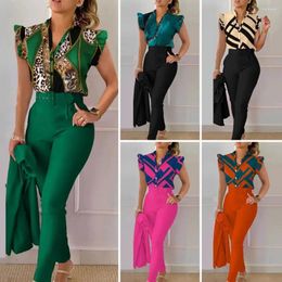 Women's Two Piece Pants Women Office Suit Elegant Wear Set With V Neck Top High Waist Belt Chic Color Matching Slim Fit For Work