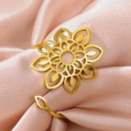 Cluster Rings My Shape Lotus Flower Women Stainless Steel Filigree Mandala Adjustable Finger Ring Wedding Engagement Anniversary Jewellery