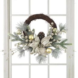 Decorative Flowers Winter Christmas Wreath Pine Cone Decoration Door Hanging Gold Ball Ornaments Wreaths Xmas Home Wall Decor Accessories