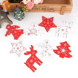 8PCS White&Red Wooden Christmas Ornaments Pendants Wood Crafts Hanging Xmas Tree Ornament Kids Gift Christmas Party Decorations