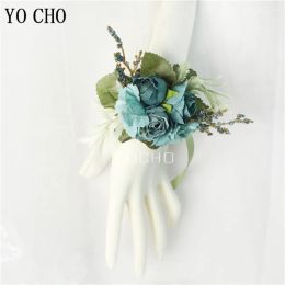 YO CHO Boutonniere Wrist Corsage Wedding Bridesmaid Bracelet Silk Rose Flower Party Prom Girl Wrist Corsage Wedding Boutonniere