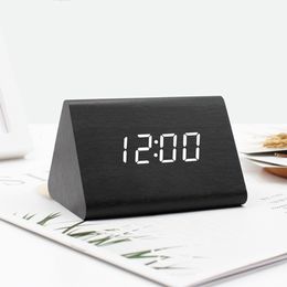 Table Alarm Clock LED Wooden Digital Clock Voice Control LCD Time Display USB Charger Desktop Electronic Clock Home Office Decor