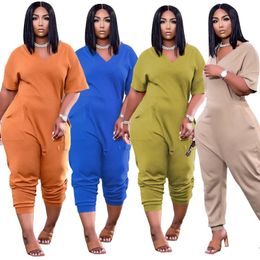 Plus Size S5xl Jumpsuit Women Overalls One Piece Outfits V Neck Short Sleeves Summer Casual Streetwear Wholesale Drop 240410