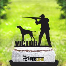 Custom name Hunting Cake Topper,Hunter with dog Cake Topper, hunter silhouettes cake topper,Hunter Birthday Topper