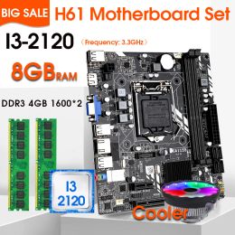 Motherboards LGA1155 H61 Mmotherboard set with Intel Core I3 2120 2pcsx4GB=8GB 1600MHz DDR3 Memory with cooler