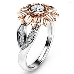 With Side Stones 2024 Exquisite Crystal Rose Gold Sunflower Rings Silver Color Cubic Zircon Ring For Women Engagement Wedding Jewelry Gift