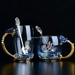Hand-made Enamel Crystal Cup Glass Coffee Mug Gift Box Tea Cup and Mugs High-grade Glass Cup Couple Mug Lover Wedding Gift