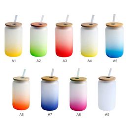 Mugs Sublimation Blank Gradient Frosted Colors Skinny Juice Glass Tumbler Glass Bottle Cups With Bamboo Lid And Straw 240410