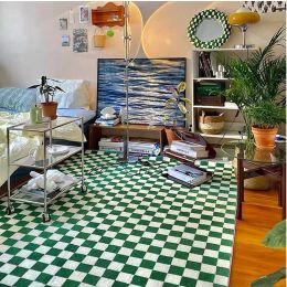 Retro Green White Checkered Carpet Rug Moroccan for Living Room Bedroom Decor Green Plaid Carpet Nordic Simple Coffee Table Mat