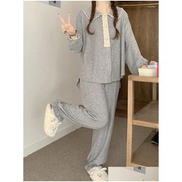 Womens Sleepwear Home Warm Princess Kawaii Nightgown Solid Simple Long Sleeve Pyjama Set Women Winter Girlish Style Casual Elegant Dro Dhiap