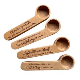 Coffee Measuring Scoop 2In1 Wood Engraved And Bag Clip Kitchen Tools Spoon Easy To Use 240410