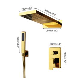 Torayvino shower system Bathroom gold & chrome/gold rectangle waterfall/rainfall shower with head shower hot & cold mixer taps