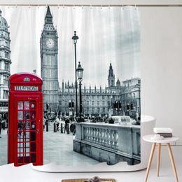 Shower Curtains London Street Red Telephone Booth Bath Curtain Bathroom Waterproof Cloth With Hooks 180 200cm