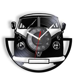 Minibus Vintage Wall Clock Made Of Vinyl Record Van Vehicle Travelling Car Laser Etched Wall Watch With LED Disk Crafts Decor