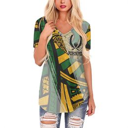 Summer Women Outlet Loose Short Sleeve Casual T-shirts Polynesian Tribal Samoan Pohnpei Islands Design V-neck Tops For Ladies