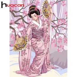 Huacan 5d Diamond Mosaic Painting Japanese Woman Diamond Embroidery Cherry Blossoms Rhinestones Pictures