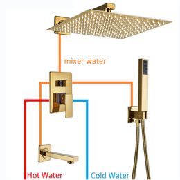 Luxurious Golden Bathroom Shower Set Square Rainfall Shower Head Concealed Shower Hot Cold Water Mixer Taps Wall Mount Set