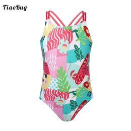 Summer Kids Girls One-Piece Colorful Painting Print Criss Cross Spaghetti Straps Jumpsuit Bodysuit Beach Swimwear Bathing Suits