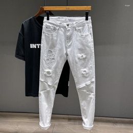 Men's Jeans White Ripped Fashion Design Street Casual Pu Handsome Stretch Slim Feet Trousers