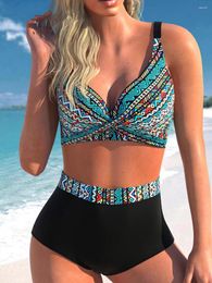 Women's Swimwear 2024 Cross Bikini Women Print Sexy High Waist Shorts Swimsuit Female Beachwear Bathers Bathing Swimming Swim Suit