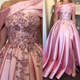 2024 Baby Pink Lace Prom Dresses Sexy Side Split Dresses Evening Wear Off The Shoulder Bead Party Gowns