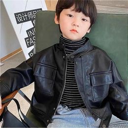 Jackets Spring Autumn Children Cool Coat Girls Boys Leather Jacket Stand Collar Pockets Zipper PU Solid Kids Outerwear 2-8Years