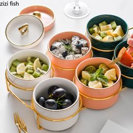 Ceramic Fruit Plates Metal Stands Household Jars with Lid Confectionery Dried Fruit Trays Living Room Snack Dessert Storage Jars