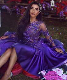 2020 Dark Purple short Homecoming dresses dubai Arabic Luxury Crystal Beaded Sheer Long Sleeves A Line Prom Gown7646701