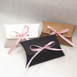 24pcs/Lot Kraft Paper 12.5*8*2.5cm Pillow Gift Box Wedding Party Favors Gift Candy Boxes With Pink Ribbon