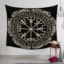 Tapestry Mandala Home Decor Black Viking Magical Runic Compass Vegvisir In The Circle Of Norse Runes Tapestries Bedroom