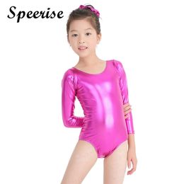 Speerise Girls Shiny Metallic Long Sleeve Leotards Children Scoop neck leotard Gymnastics Spandex Bodysuit Ballet Dance Costumes