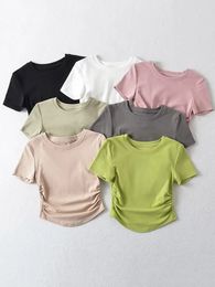 2024 Harajuku Women Crew Neck Short Sleeve Cotton Tee With Ruched Sides Detail T-shirts 240410