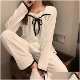 Womens Sleepwear Coral Fleece Pyjamas Sets For Women Autumn Winter Thick Warm Sweet Cute Flannel Lounge Wear Homewear Nightie Drop Del Dhwzb