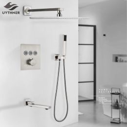 Brushed Nickle Thermostatic Bathroom Shower Faucet Rainfall Shower Head Wall Mounted Bathtub Mixer Tap Bath Shower Set Wall